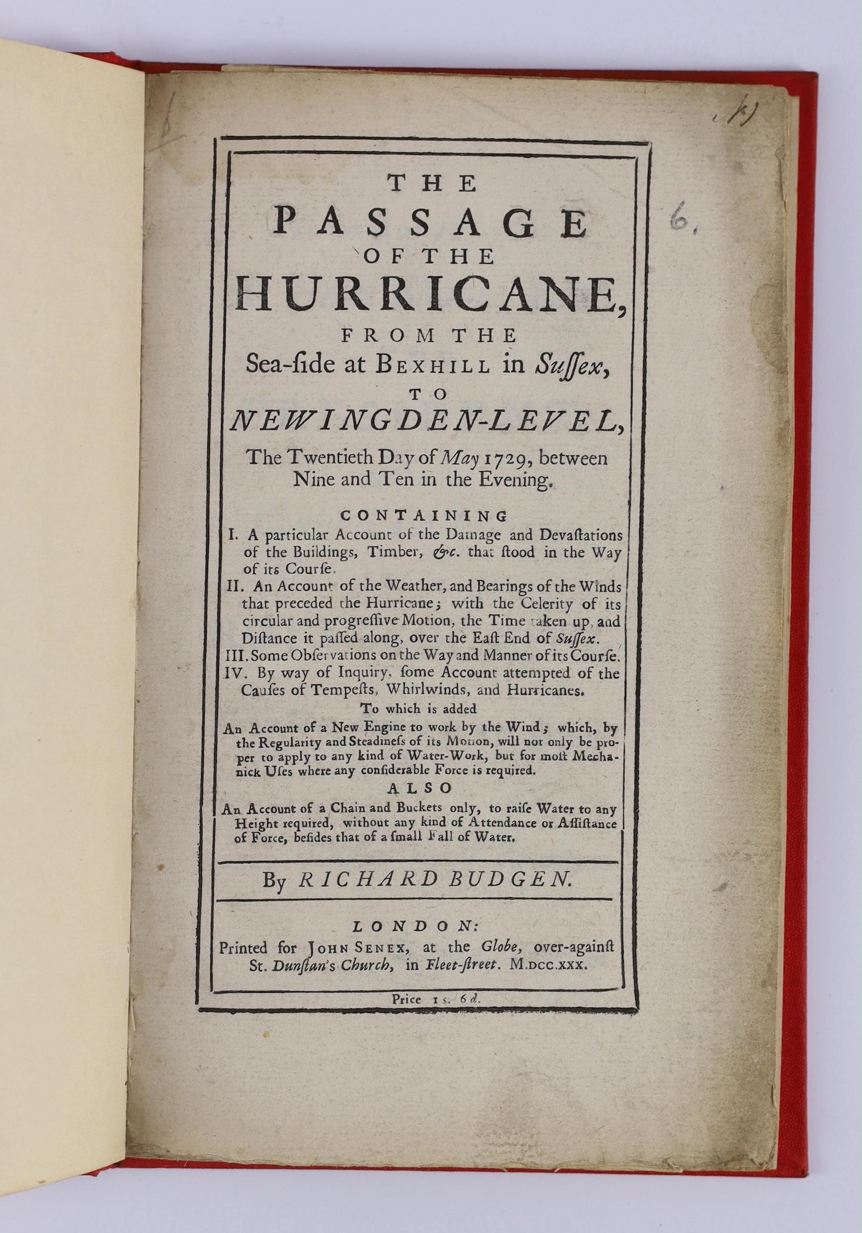 Budgen, Richard - The Passage of the Hurricane, from the Sea-side at Bexhill, in Sussex, to Newingden-Level, the twentieth day of May 1729, between nine and ten in the evening ... large folded map (15 x 77cms; within mar